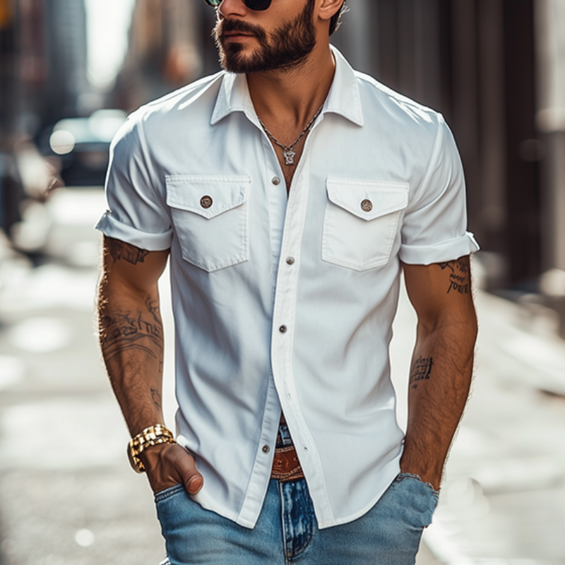 Men's Classic Casual Solid Color Slim Fit Multi-Pocket Short Sleeve Shirt 9907265339576