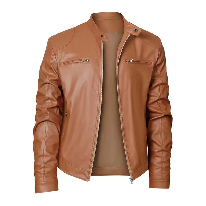 Men's Stand Collar Slim Fit Zip Pocket Leather Jacket 9261077856440