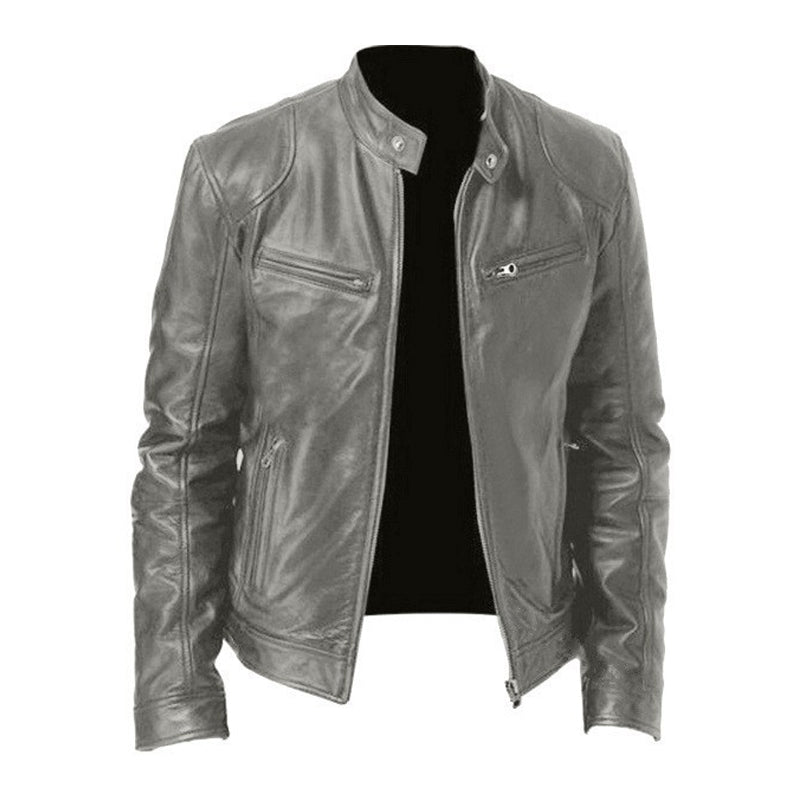 Men's Stand Collar Slim Fit Zip Pocket Leather Jacket 9261077856440