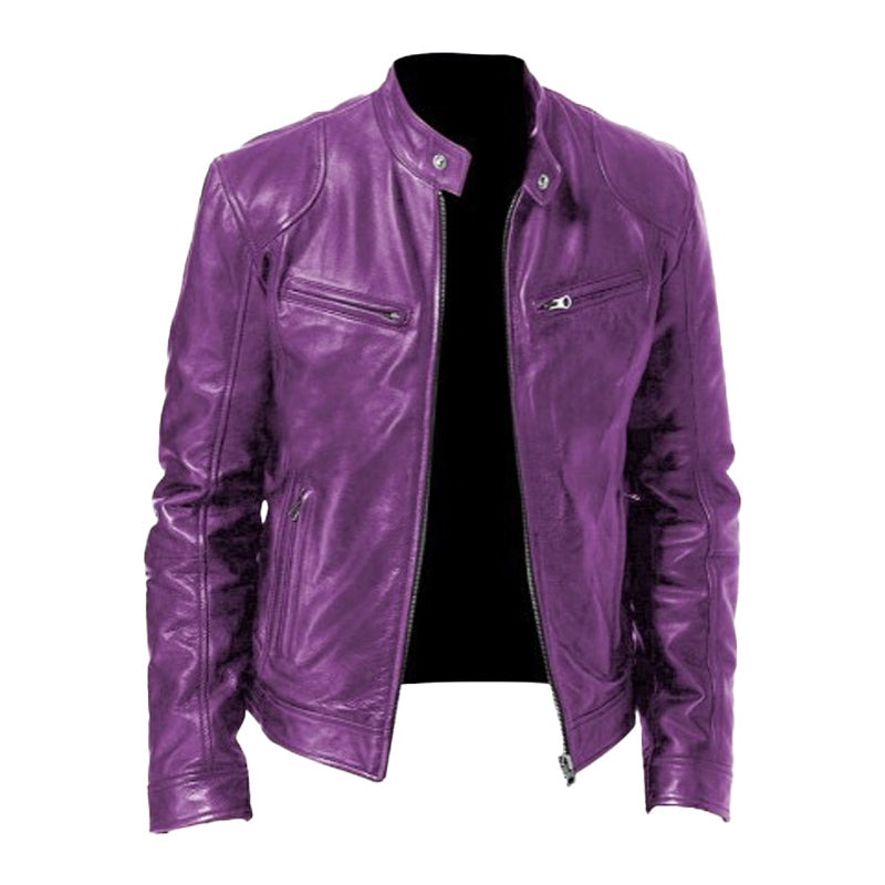 Men's Stand Collar Slim Fit Zip Pocket Leather Jacket 9261077856440