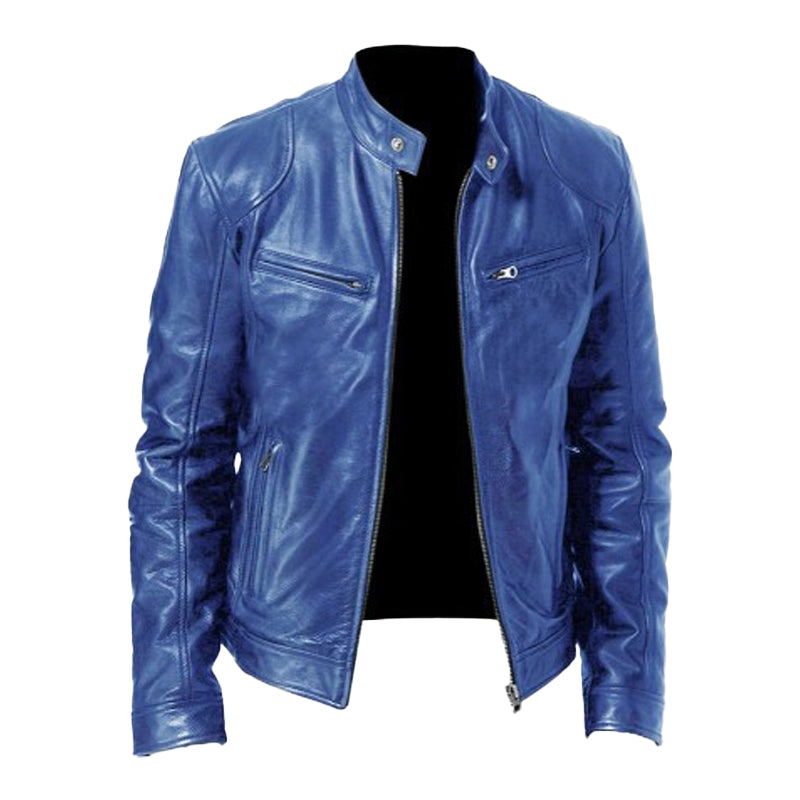 Men's Stand Collar Slim Fit Zip Pocket Leather Jacket 9261077856440