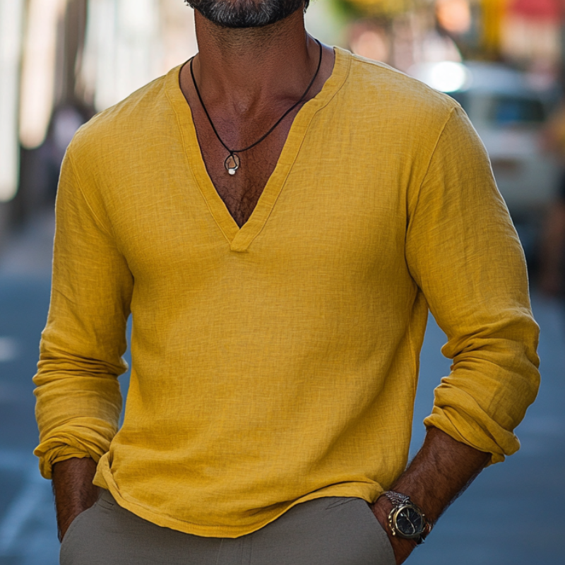 Men's Stylish and Comfortable Linen Solid Color V-neck Long-sleeved T-shirt 9892392534200
