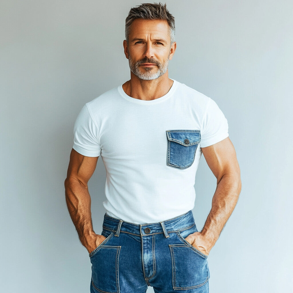 Men's Crew Neck Denim Chest Pocket Short Sleeve T-Shirt 9903587983544