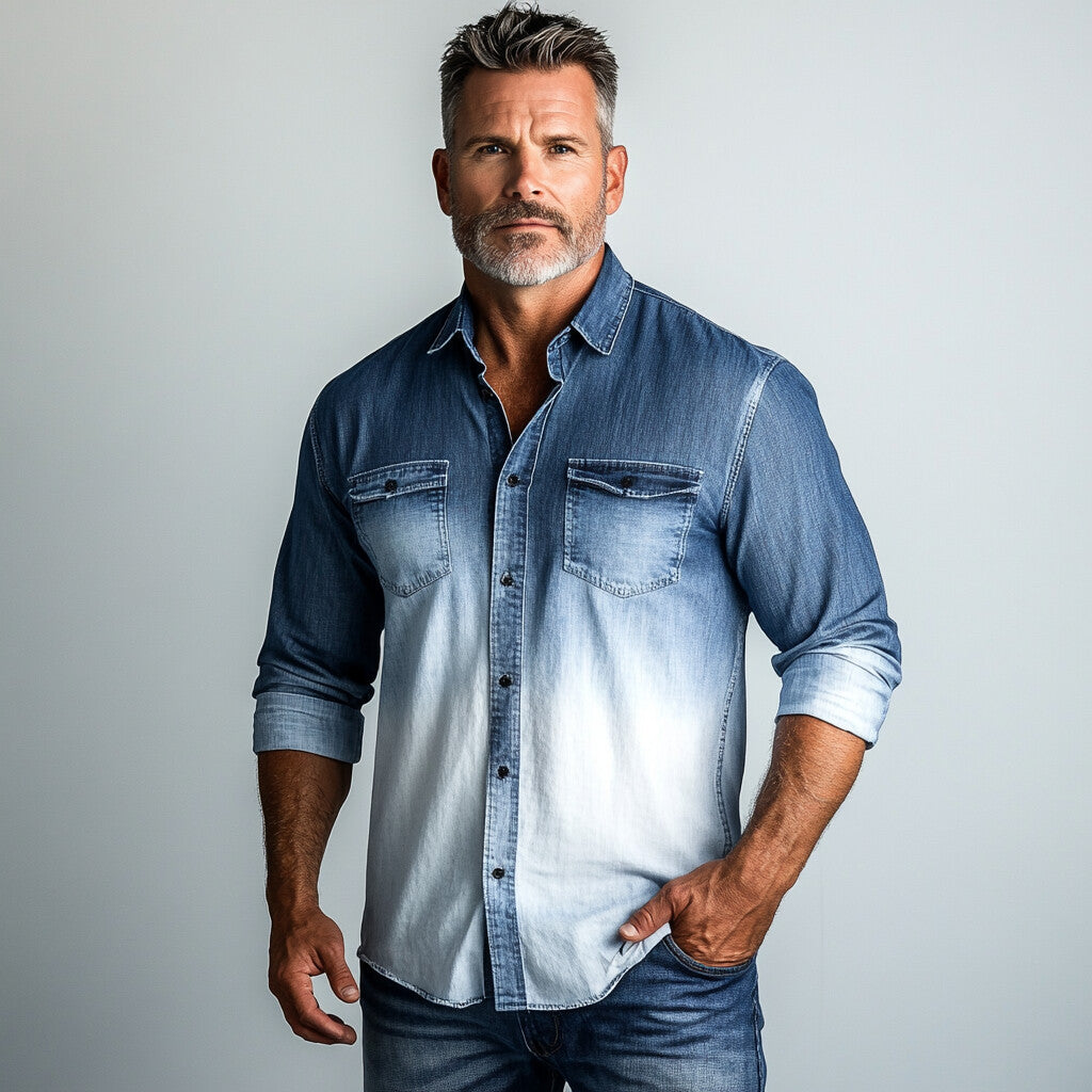 Men's Ombre Pattern Button Long Sleeve Denim Shirt 9899607359672