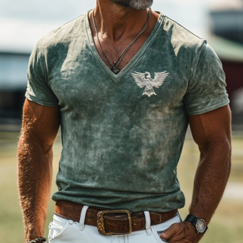 Men's Retro Western Style Slim Fit Suede Deep V Neck T-Shirt 9906105680056