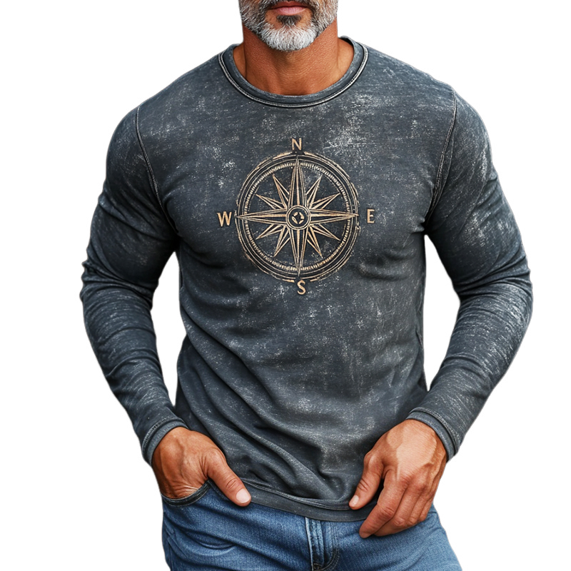 Men's Retro Casual Nautical Compass Printed Round Neck Long Sleeve T-Shirt 9911546282168