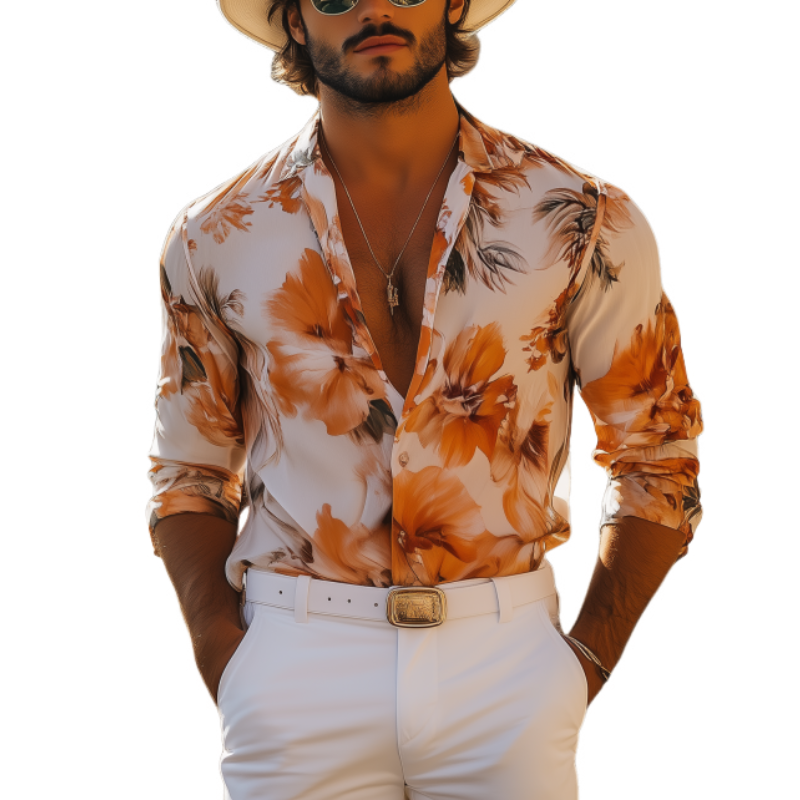 Men's Fashion Sicilian Style Chiffon Print Long Sleeve Shirt 9918991204536