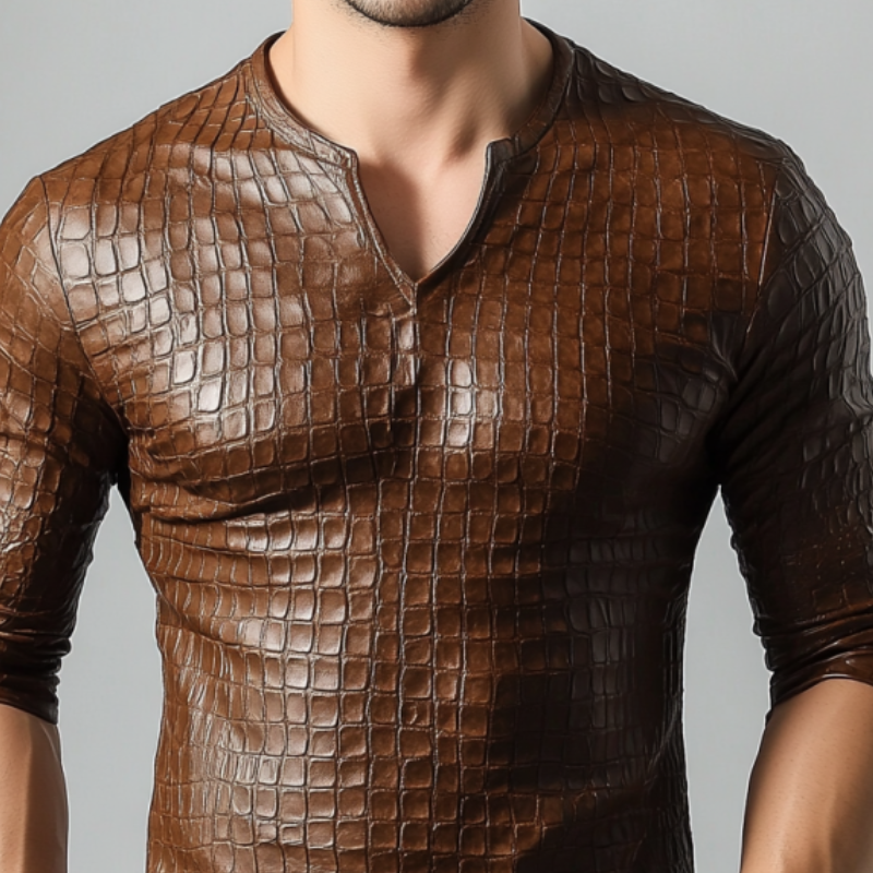 Men's Retro Casual Slim Fit V-Neck Textured Leather Long Sleeve T-Shirt 9899713691832