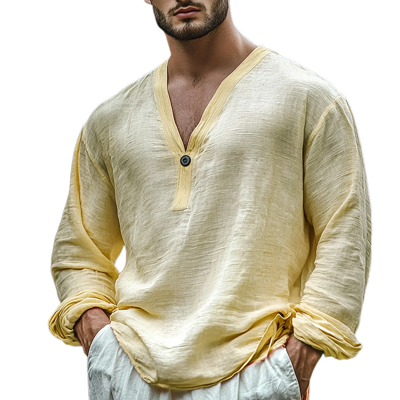 Men's Casual Skin-friendly Holiday Cotton and Linen V-neck Long-sleeved Shirt 9899721261240