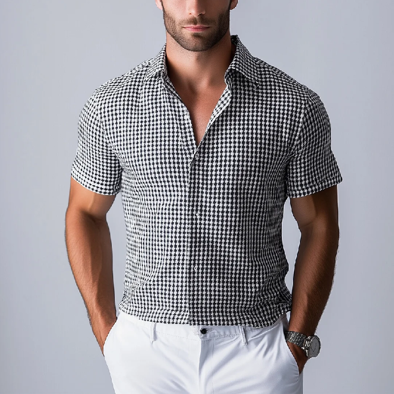 Men's Fashion Houndstooth Lapel Short Sleeve Shirt 9899721130168