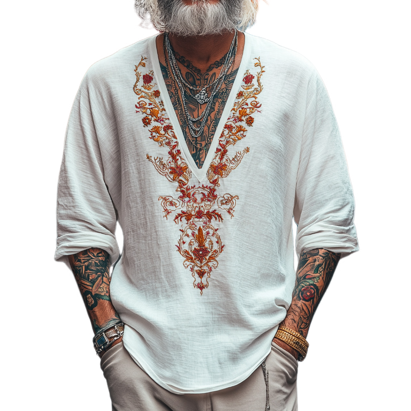 Men's Casual Vintage V-neck Cotton Blend Embroidered Long-sleeved T-shirt 9912946098360