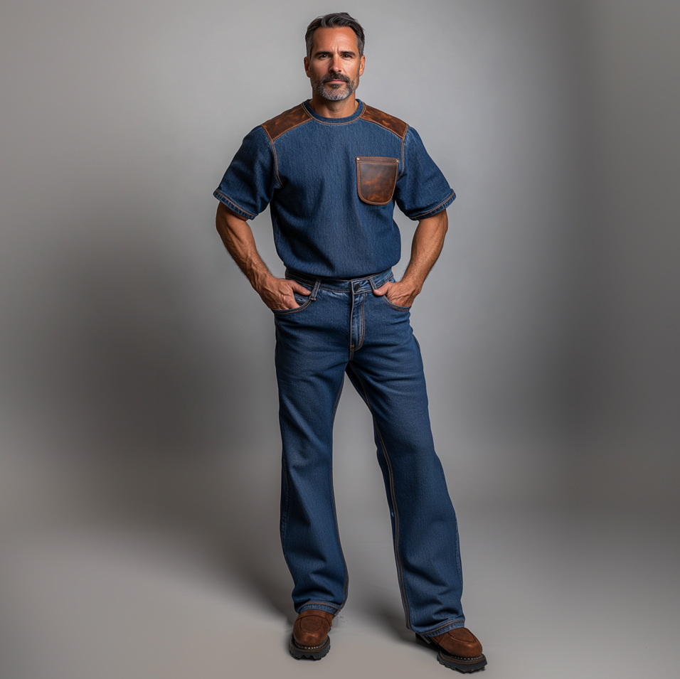 Men's Denim PU Leather Patchwork Chest Pocket Short Sleeve T-Shirt 9906596774072