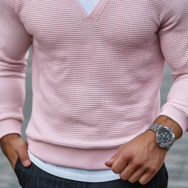 Men's Casual Round Neck Slim Fit Fake Two-piece Waffle Long-sleeved T-shirt 9906106826936