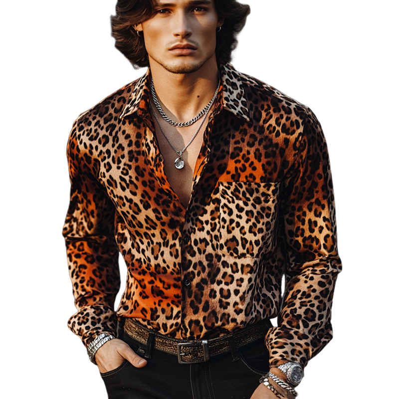 Men's Casual Vintage Leopard Print Long Sleeve Shirt 9905396482232