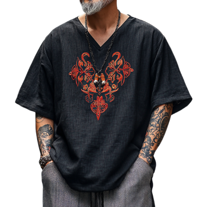Men's Casual Vintage V-neck Cotton Blend Embroidered Short-sleeved T-shirt 9912946360504