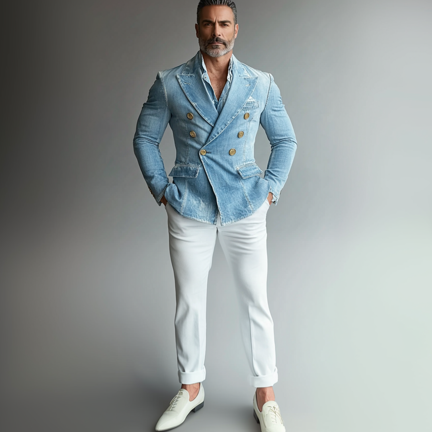 Men's Peak Lapel Double Breasted Long Sleeve Washed Denim Blazer 9899607720120