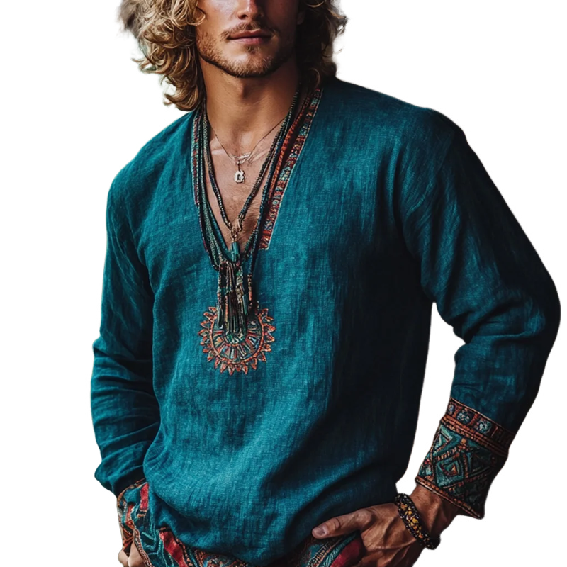 Men's Fashion Ethnic Style Embroidery V Neck Long Sleeve Cotton And Linen Shirt 9899736793272