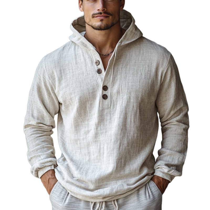 Men's Skin-friendly Off-White Cotton and Linen Long-sleeved Hoodie 9892048961720