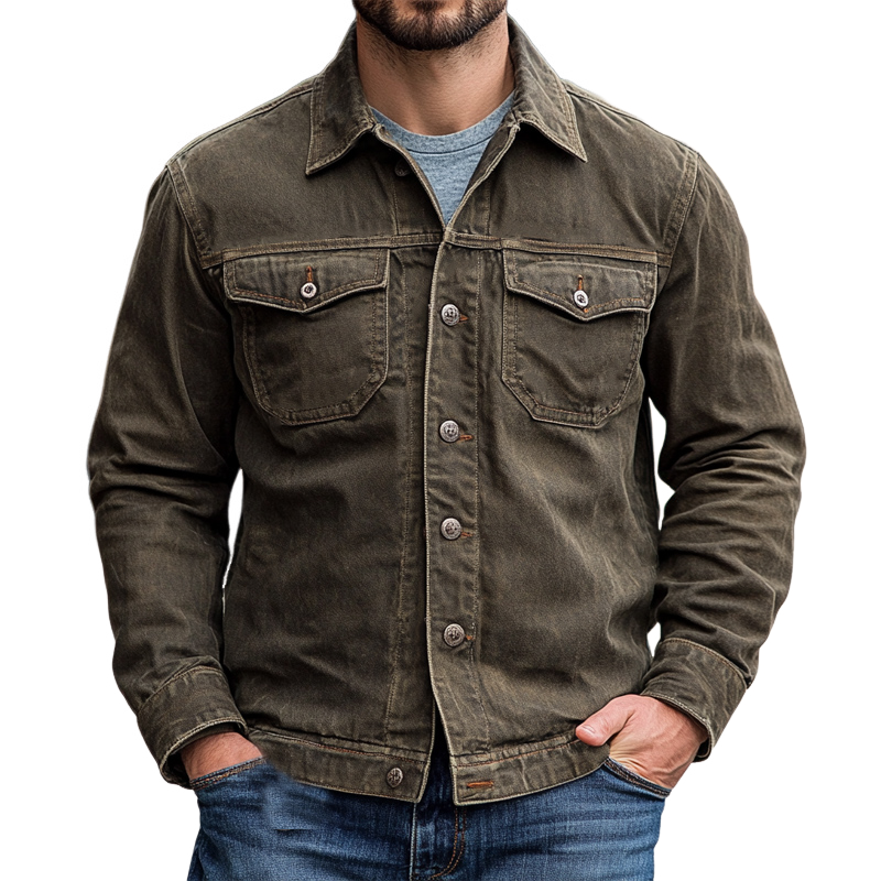 Men's Vintage Button Lapel Washed Denim Jacket 9891528114360