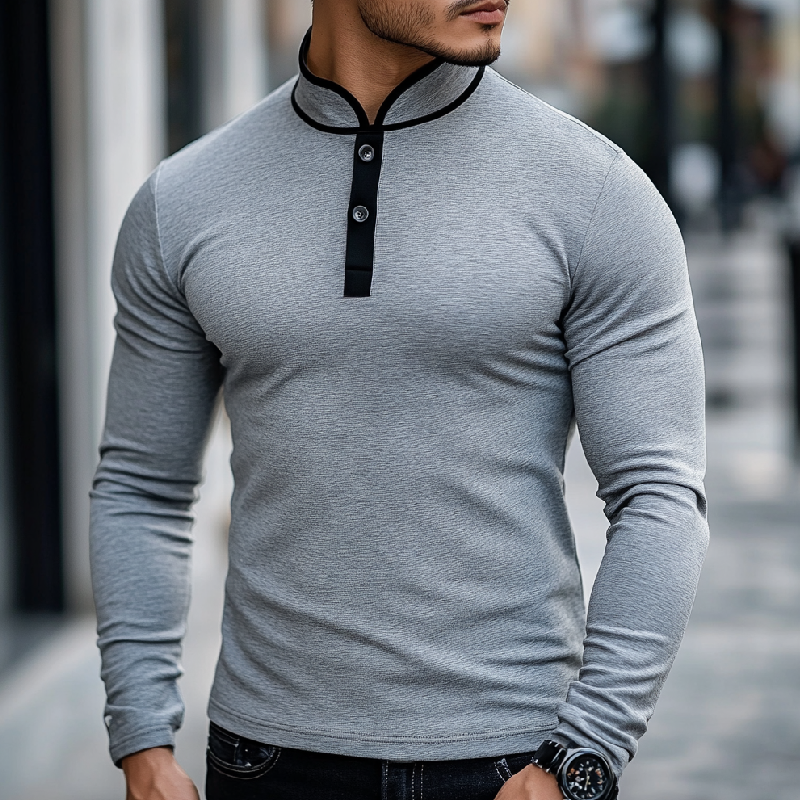 Men's Casual Comfort Henley Collar Cotton Blend Long Sleeve T-Shirt 9911545790648