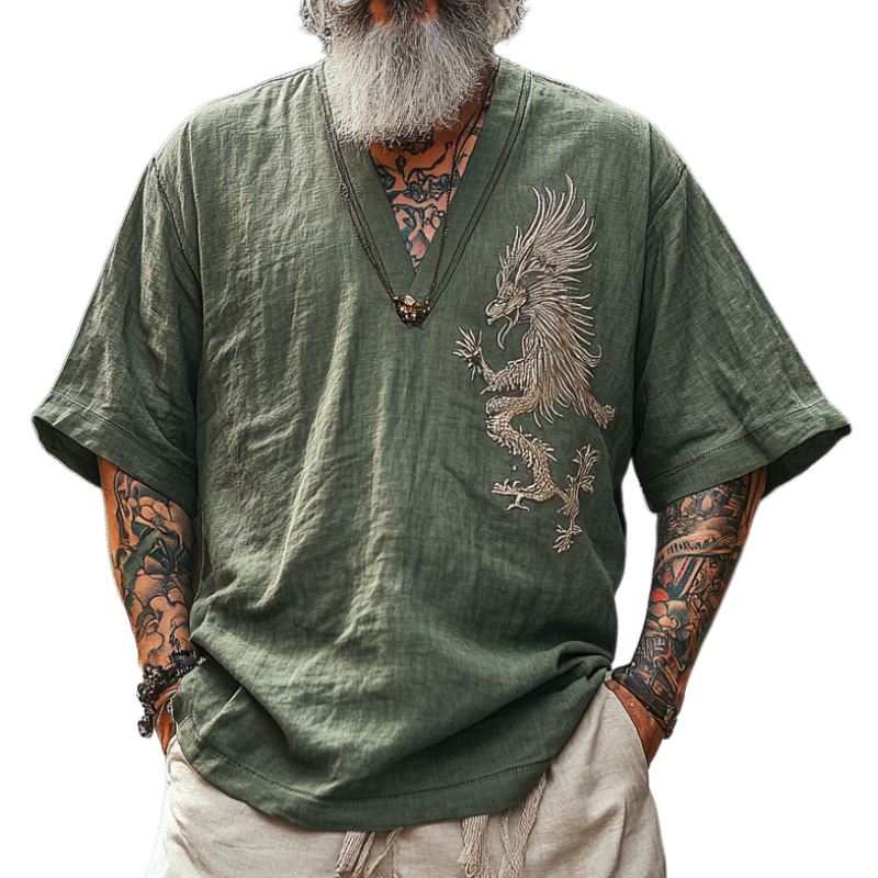 Men's Casual Vintage V-neck Cotton Blend Embroidered Short-sleeved T-shirt 9912945606840