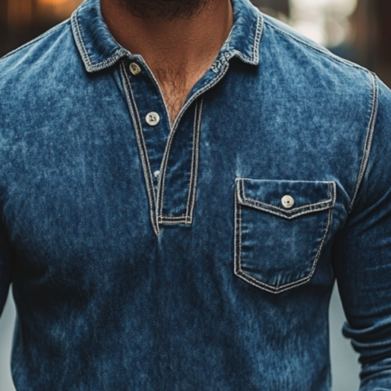 Men's Fashion Buttons Lapel Long Sleeve Denim Polo Shirt 9894195790008