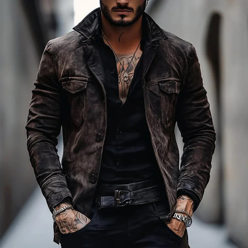 Men's Vintage Distressed Suede Lapel Chest Pocket Single Breasted Jacket 9885797286072