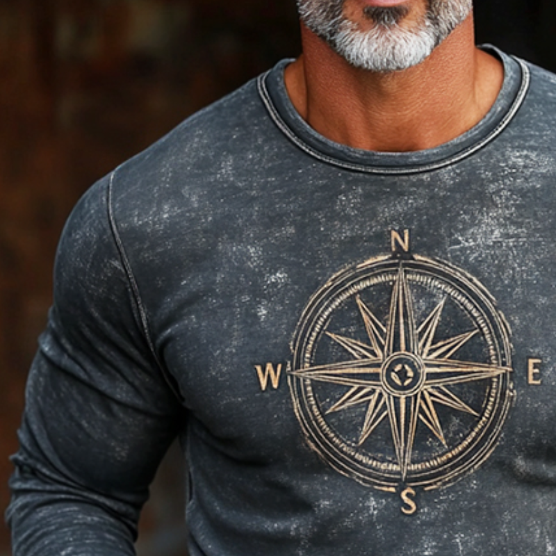 Men's Retro Casual Nautical Compass Printed Round Neck Long Sleeve T-Shirt 9911546282168