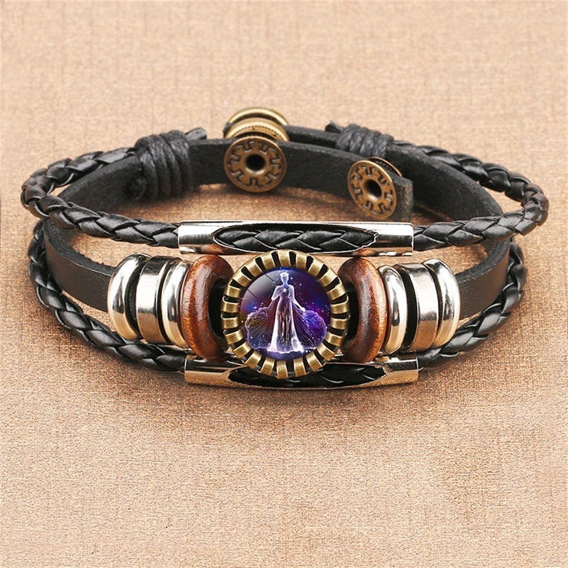 Vintage Twelve Constellations Multilayer PU Leather Bracelet 9888556613816