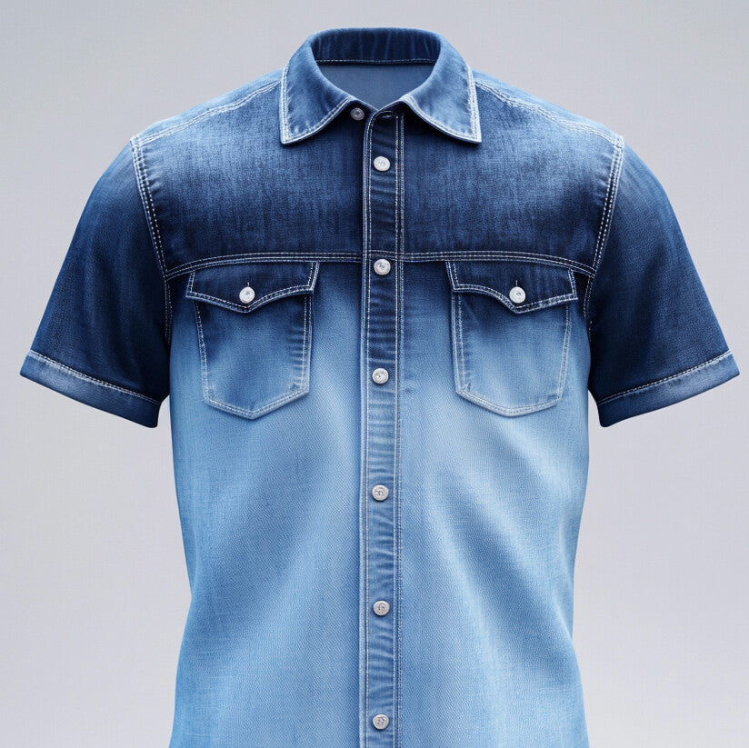 Men's Casual Chest Pocket Ombre Pattern Short Sleeve Denim Shirt 9913234849976
