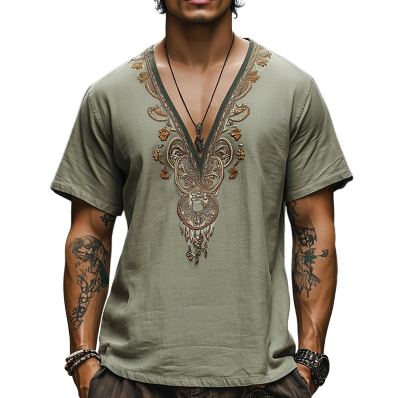 Men's Deep V Neck Olive Cotton and Linen Embroidered Short Sleeve T-Shirt 9911547363512