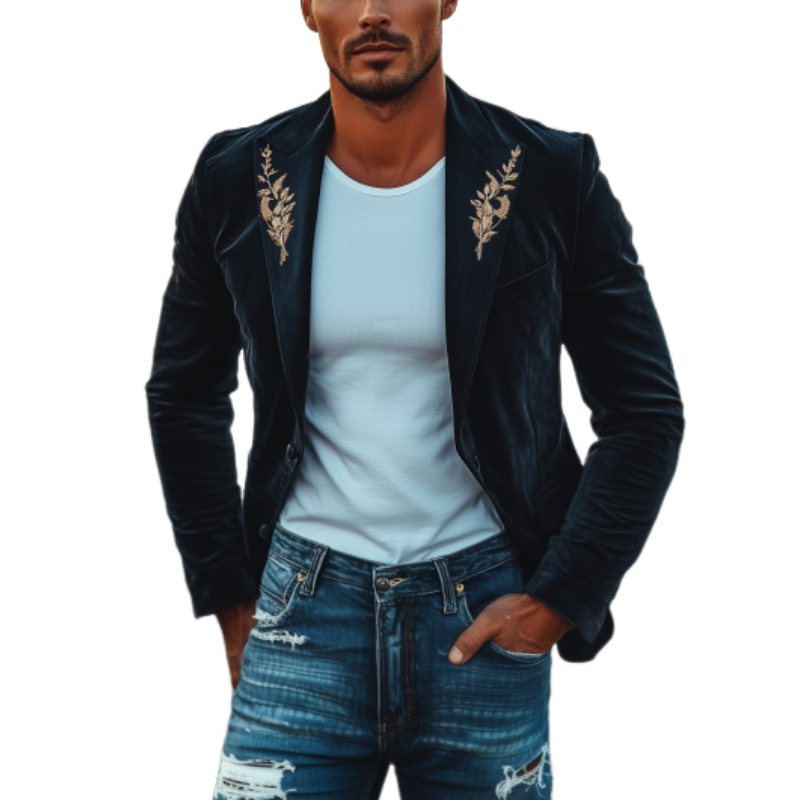 Men's Fashion American Retro Slim Velvet Embroidered Blazer 9918991237304