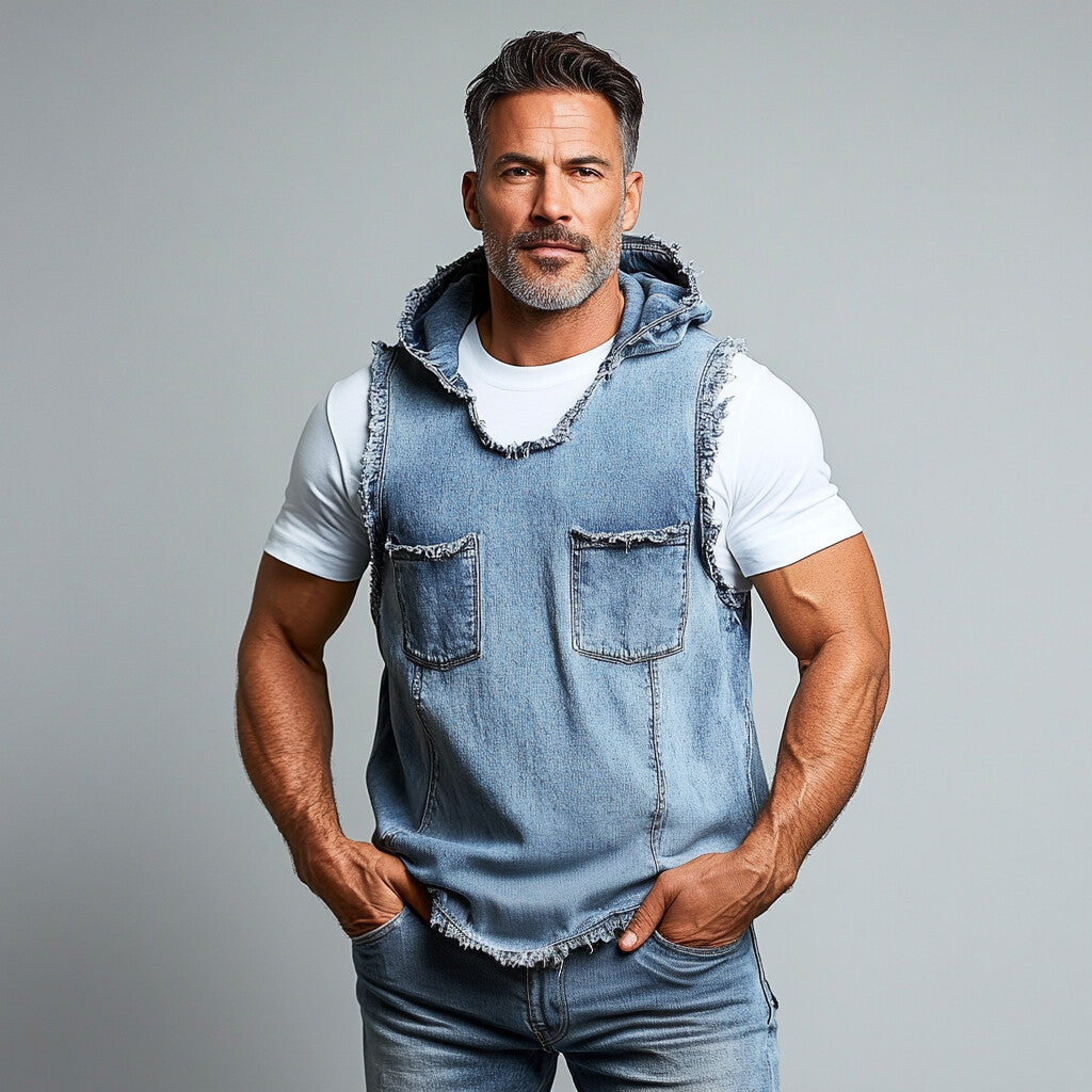 Men's Denim Raw Edge Chest Pocket Sleeveless Hooded Vest 9903588180152