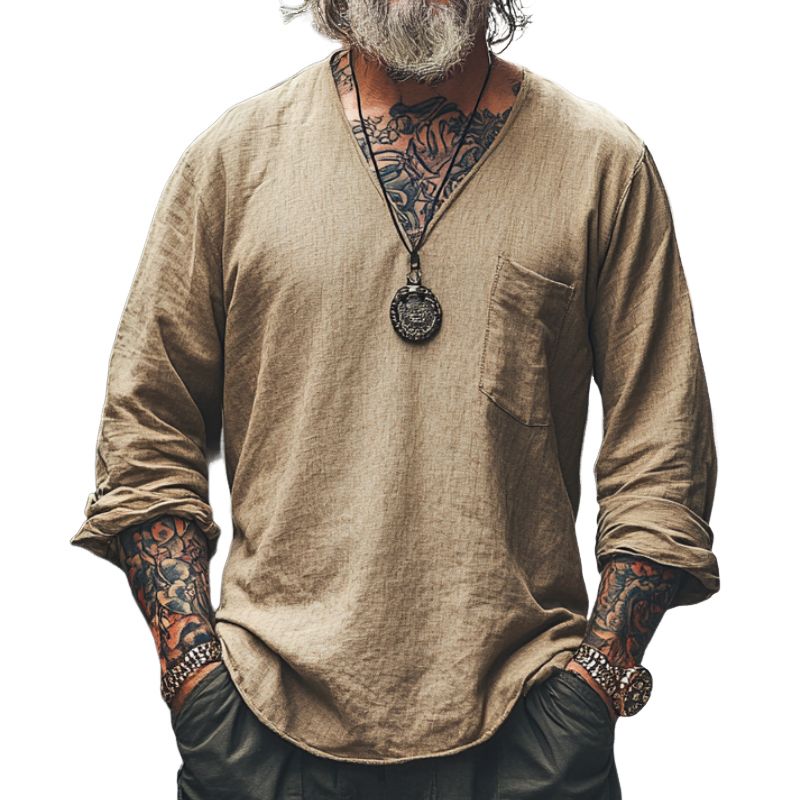 Men's Vintage Casual V-Neck Blended Long Sleeve T-Shirt 9905397203128