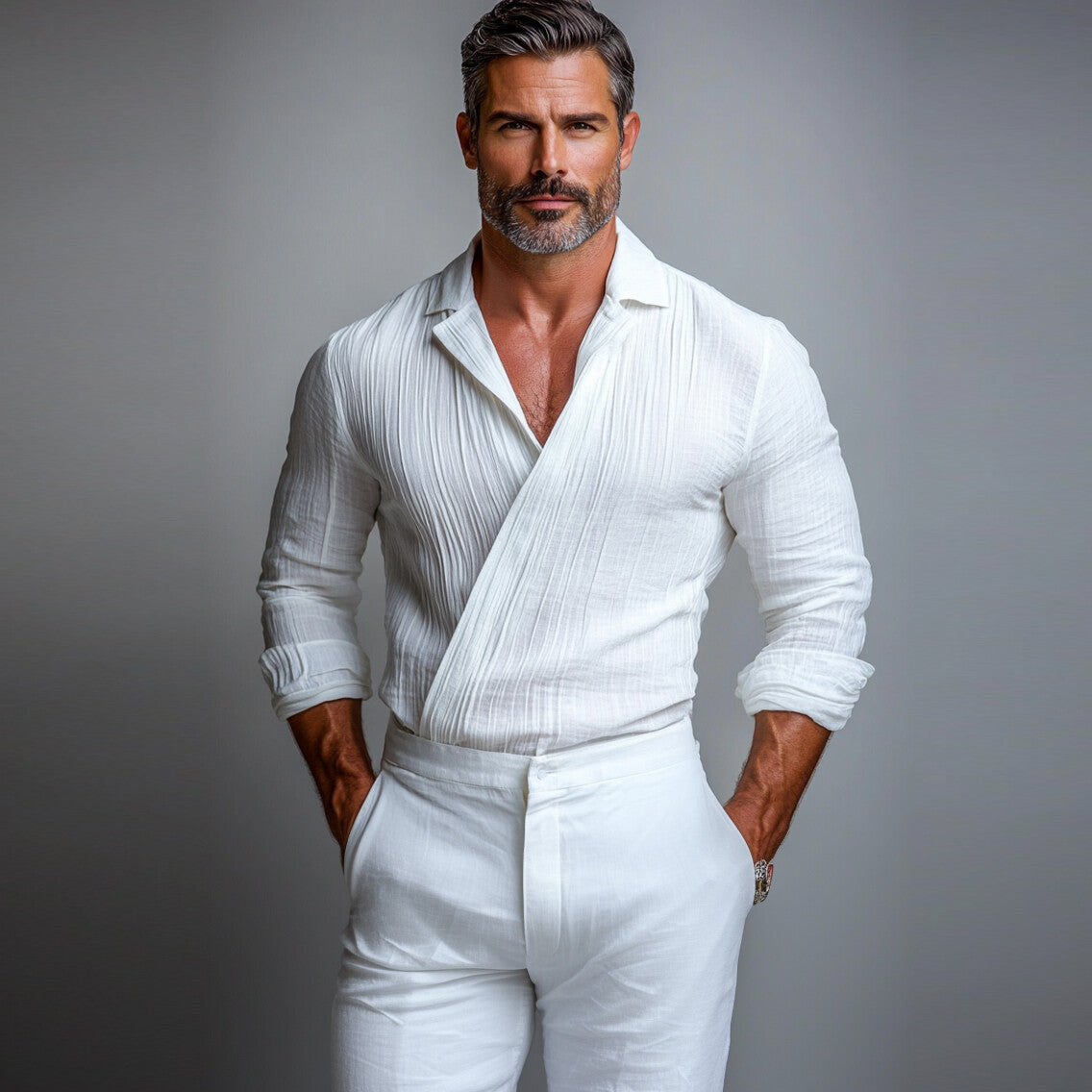 Men's Camp Collar Wrap Fold Long Sleeve Shirt 9903587229880