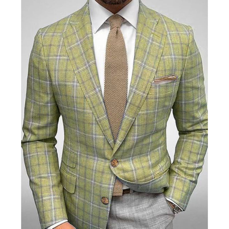 Business Plaid Lapel Collar Two Buttons Long Sleeve Blazer 9888555925688