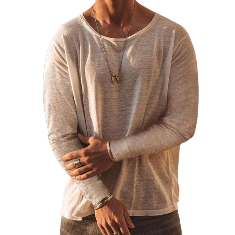Men's Casual Loose Round Neck Cotton Solid Color Long Sleeve T-shirt 9901327679672