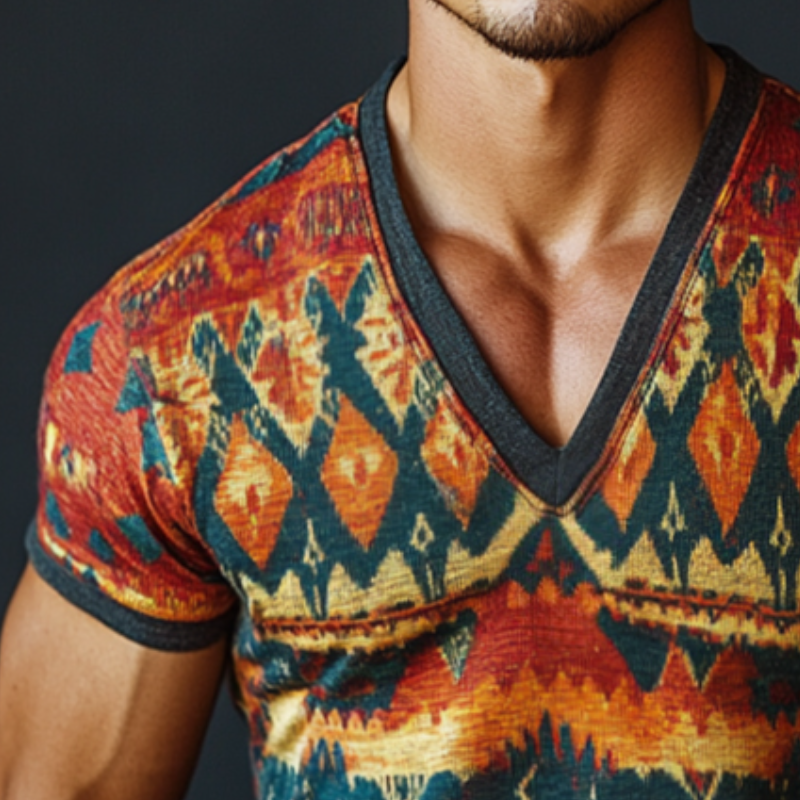 Men's Retro Casual Ethnic Style Geometric Print V-Neck Short Sleeve T-Shirt 9899720147128