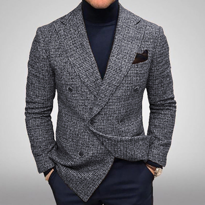 Business Plaid Notched Collar Button Pocket Long Sleeve Blazer 9888554713272