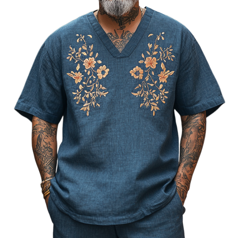 Men's Casual Vintage V-neck Cotton Blend Embroidered Short-sleeved T-shirt 9912946229432