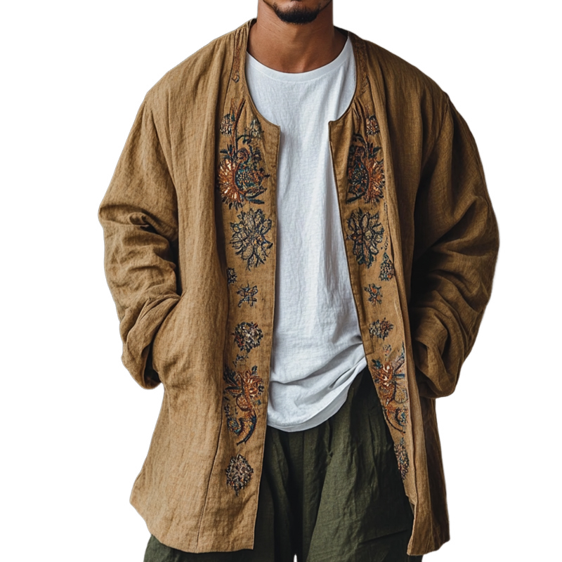 Men's Vintage Casual Embroidered Linen Round Neck Single Breasted Jacket 9901325877432