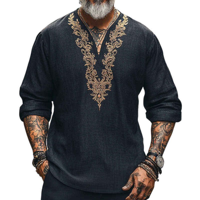 Men's Casual Vintage V-neck Cotton Blend Embroidered Long-sleeved T-shirt 9912945836216