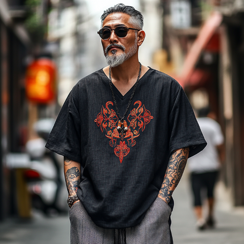 Men's Casual Vintage V-neck Cotton Blend Embroidered Short-sleeved T-shirt 9912946360504