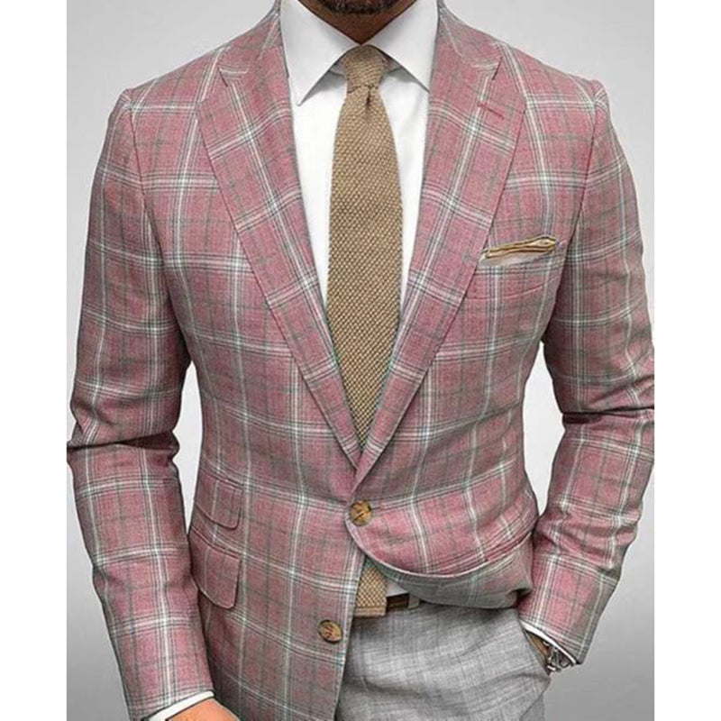 Business Plaid Lapel Collar Two Buttons Long Sleeve Blazer 9888555925688