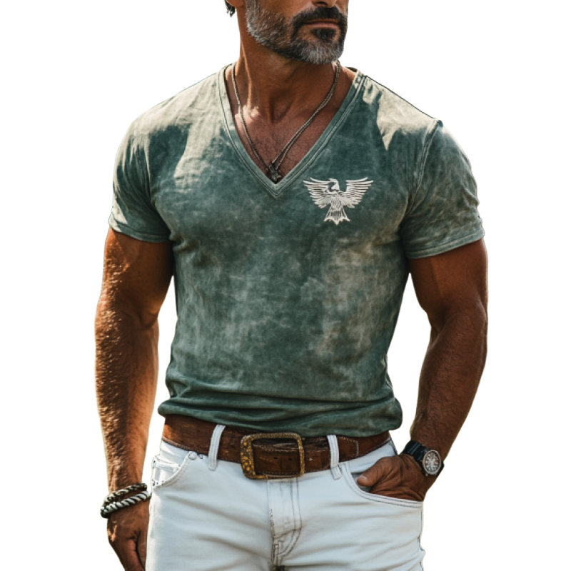 Men's Retro Western Style Slim Fit Suede Deep V Neck T-Shirt 9906105680056