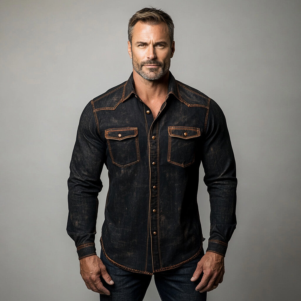 Men's Distressed Denim Turndown Collar Metal Button Long Sleeve Shirt 9903586902200