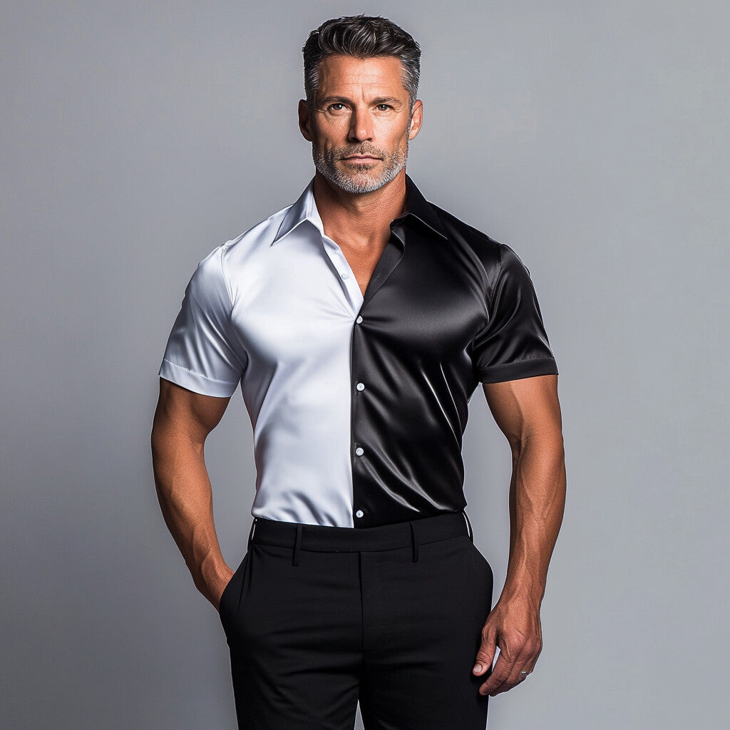 Men's Business Satin Colorblock Turndown Collar Button Short Sleeve Shirt 9899606507704