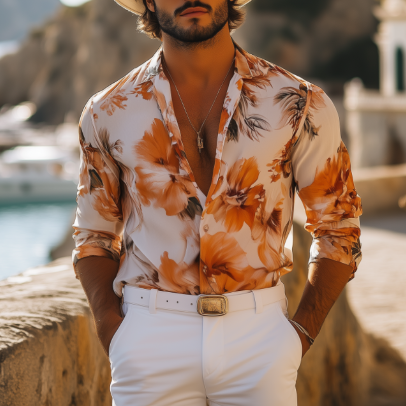 Men's Fashion Sicilian Style Chiffon Print Long Sleeve Shirt 9918991204536