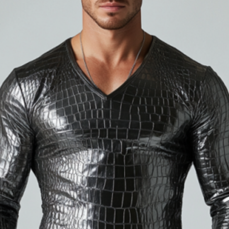 Men's Fashion Slim Fit V-Neck Textured Leather Long Sleeve T-Shirt 9899713626296