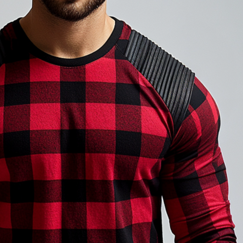 Men's Retro Casual Pleated Plaid Printed Round Neck Long Sleeve T-Shirt 9893975490744